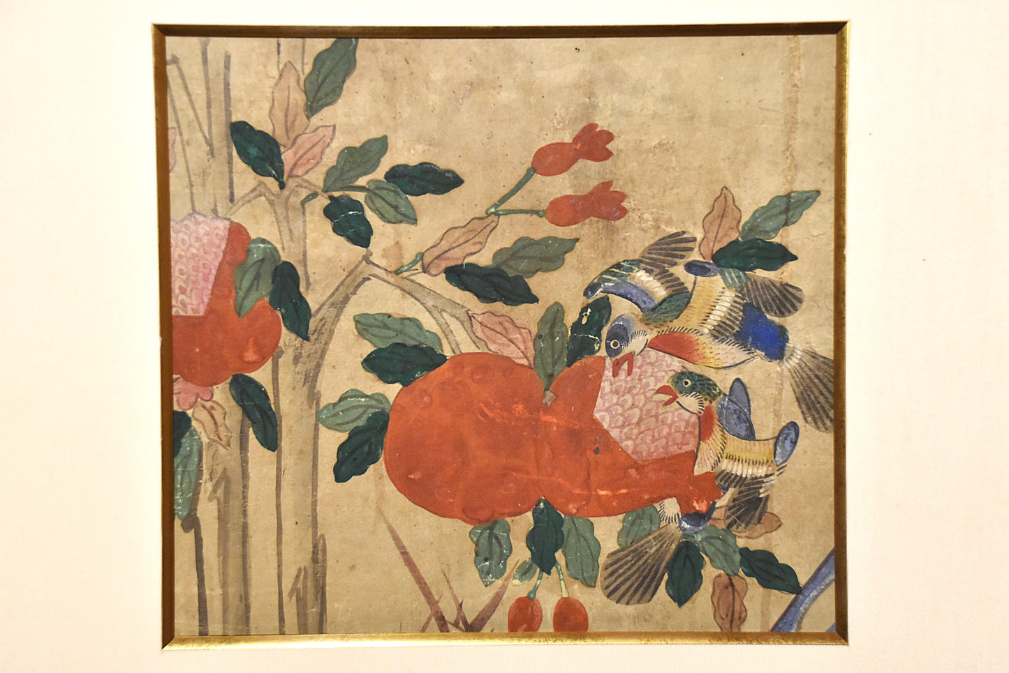 李朝民画石榴と鳥図断簡額（李朝時代）