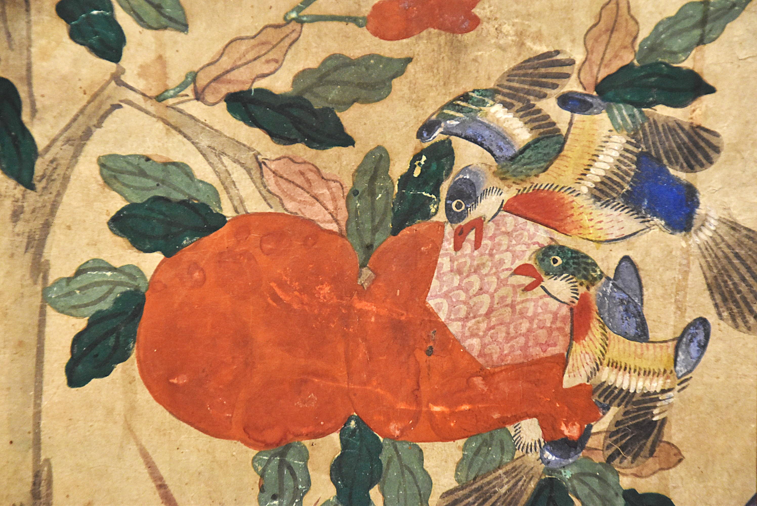 李朝民画石榴と鳥図断簡額（李朝時代） – 青花の会｜seikashop