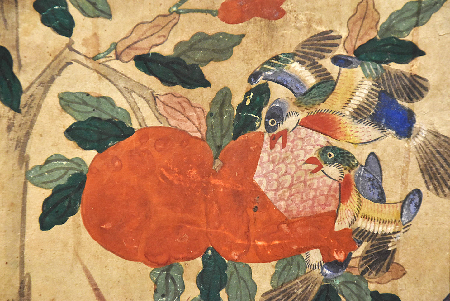 李朝民画石榴と鳥図断簡額（李朝時代）