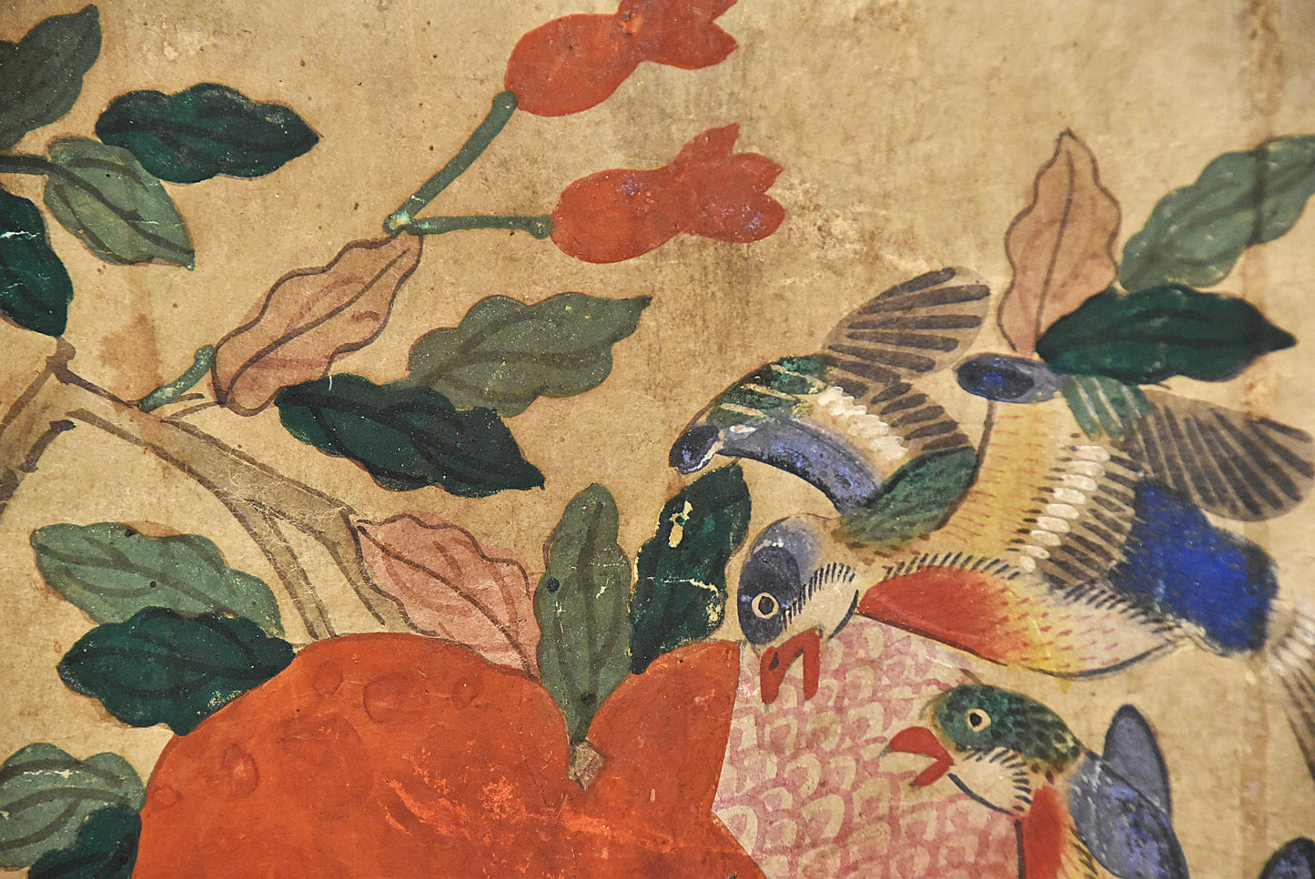 李朝民画石榴と鳥図断簡額（李朝時代）